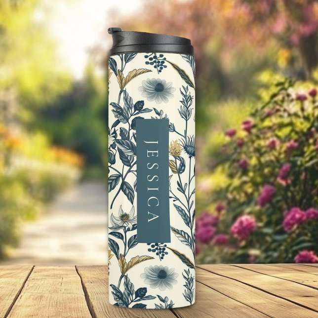 Bouteilles Isothermes Motif botanique Vintage Gold et Navy (Embrace the serene beauty of nature with our seamless botanical  pattern.)