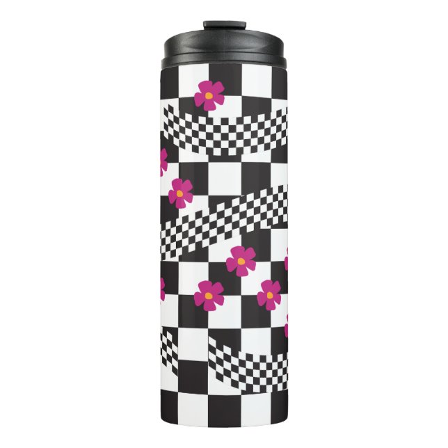 Bouteilles Isothermes Motif damier rétro avec fleurs (Devant)