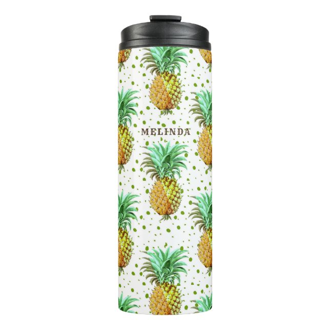 Bouteilles Isothermes Motif d'ananas jaune et or vert. (Devant)
