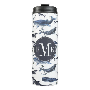 Bouteilles Isothermes Motif de baleine et d'Ancre d'aquarelle