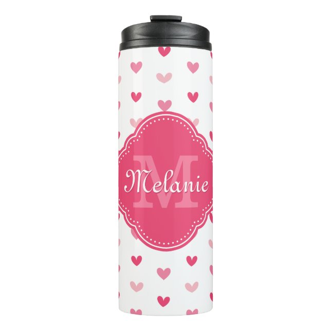 Bouteilles Isothermes Motif de coeur rose et blanc avec Monogramme (Devant)