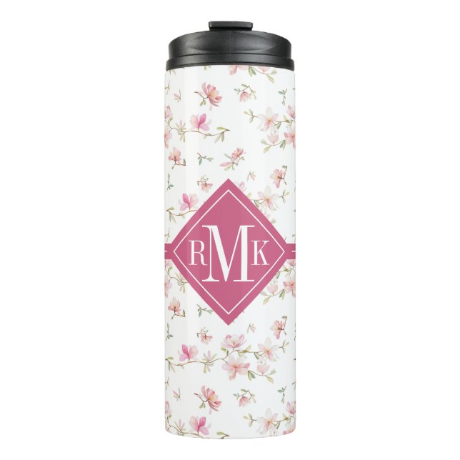 Bouteilles Isothermes Motif de fleur rose mou d'aquarelle du monogramme (Devant)