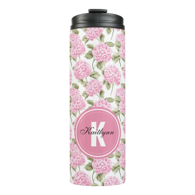 Bouteilles Isothermes Motif de fleurs d'hydrangea rose élégant avec mono (Devant)