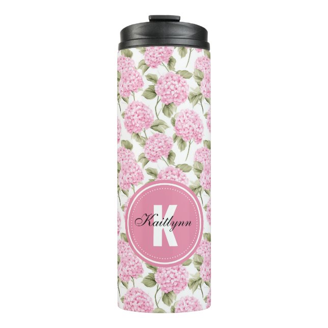 Bouteilles Isothermes Motif de fleurs d'hydrangea rose élégant avec mono (Devant)