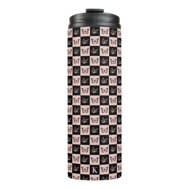 Bouteilles Isothermes Motif de papillon monogramme rose et noir (Devant)