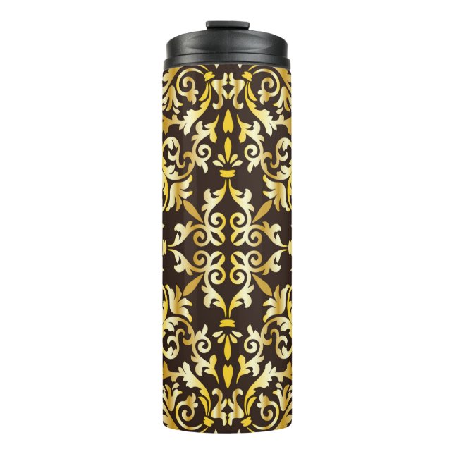Bouteilles Isothermes Motif doré baroque sans couture sur fond noir (Devant)