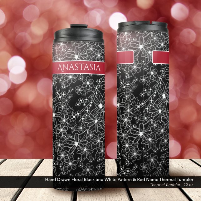 Bouteilles Isothermes Motif et nom rouge floral noir (Thermal Tumbler: Hand Drawn Floral Pattern in Black and White, Personalized with Name in Red)