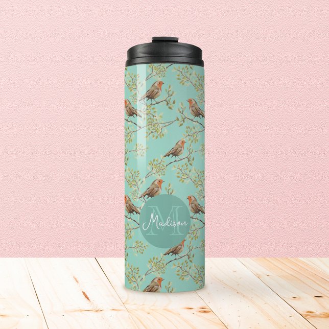 Bouteilles Isothermes Motif européen vintage peint Robin Bird (Vintage Red Robin Pattern & Custom Monogram Tumbler)