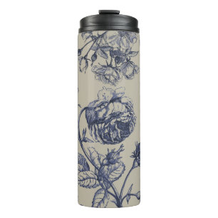 Bouteilles Isothermes Motif Floral Botanique Toile Bleue Vintage Antique