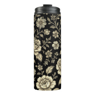Bouteilles Isothermes Motif floral de rose dorée vintage sur fond noir