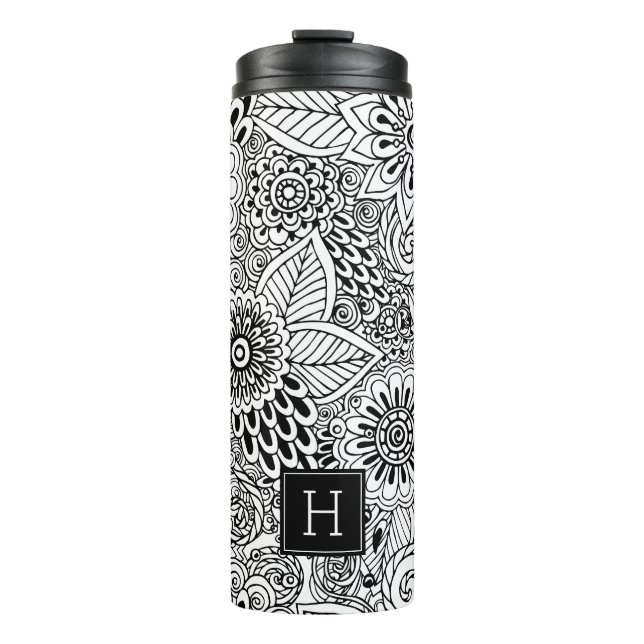 Bouteilles Isothermes Motif floral noir et blanc Monogramme (Devant)