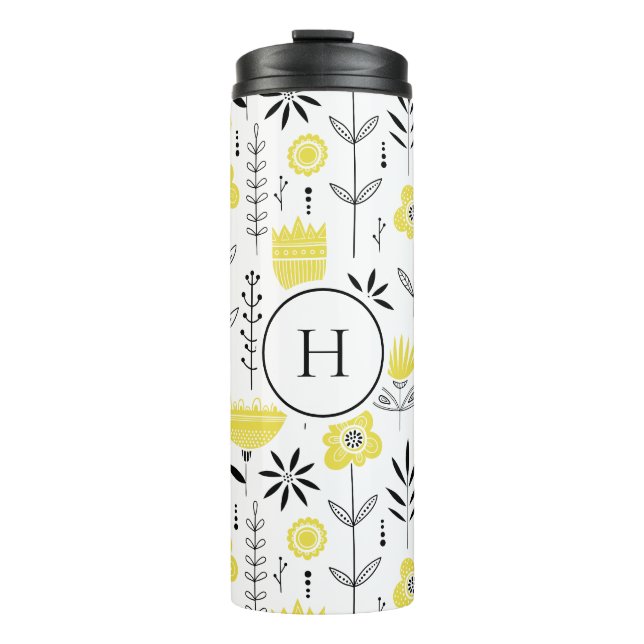 Bouteilles Isothermes Motif floral scandinave jaune Monogramme (Devant)
