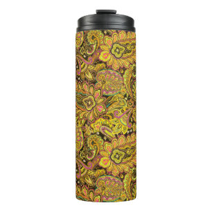 Bouteilles Isothermes Motif Paisley en jaune, marron sur fond noir