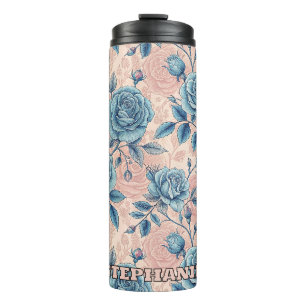 Bouteilles Isothermes Motif Rose bleu rétro sur Arrière - plan rose doux
