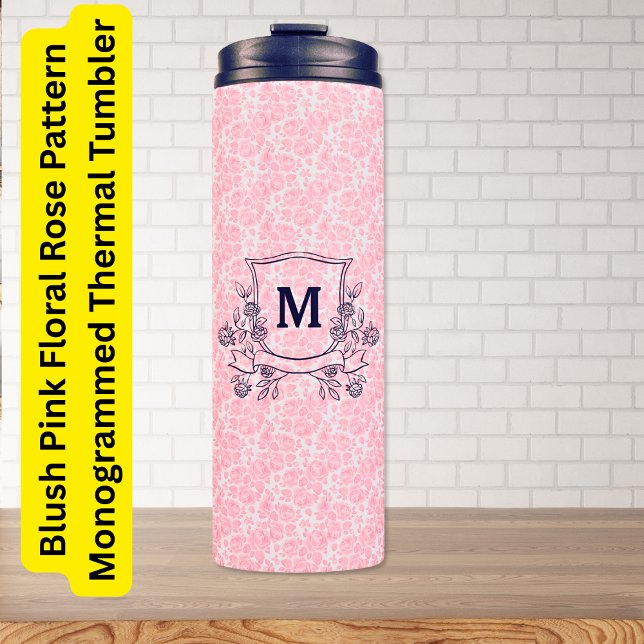 Bouteilles Isothermes Motif Rose rose pâle Monogramme (Blush Pink Floral Rose Pattern Monogrammed Thermal Tumbler)