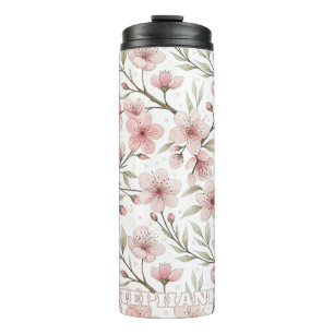 Bouteilles Isothermes Motif Sakura en fleurs de cerises roses sur blanc