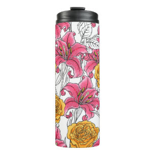 Bouteilles Isothermes Motif sans couture avec roses et lys. Main dessiné