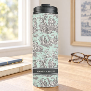 Bouteilles Isothermes Motif vintage toile de Jouy noire et menthe frança