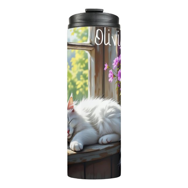 Bouteilles Isothermes Napping White Cat and Purple Flowers Personalized (Devant)