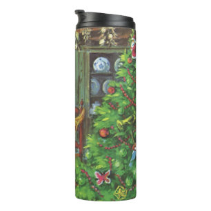 Bouteilles Isothermes Noël vintage, chalet confortable avec cheminée