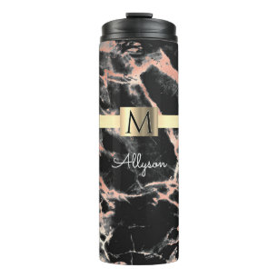 Bouteilles Isothermes Noir & Rose Gold Marble Boîte, Nom & Monogramme