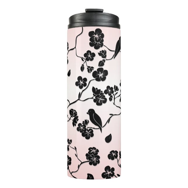 Bouteilles Isothermes Noir sur les oiseaux Motifs roses et fleurs de cer (Devant)