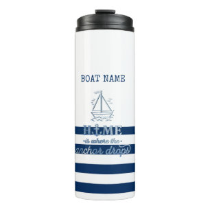 Bouteilles Isothermes Nom de bateau nautique, ancre rayée bleu marine