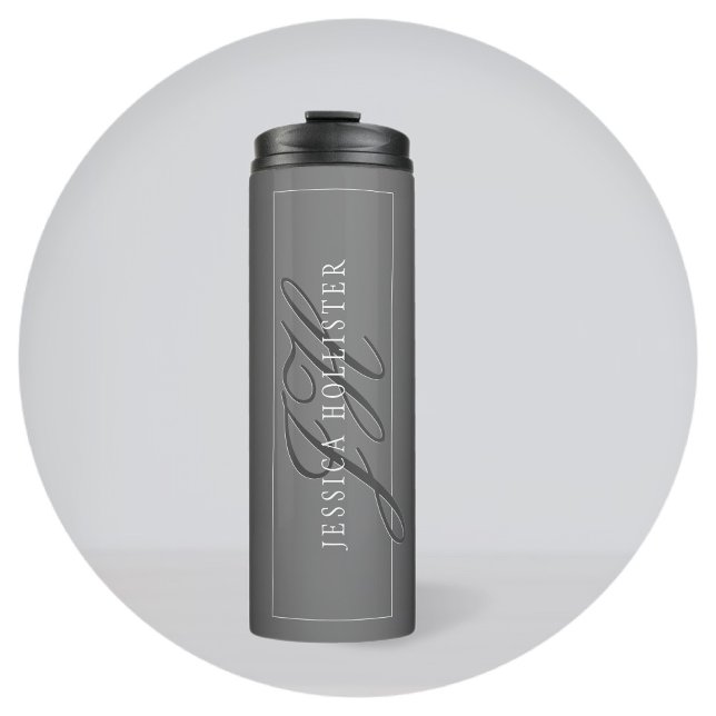 Bouteilles Isothermes Nom élégant & Initiales monogrammées | Noir & Gris (Créateur téléchargé)