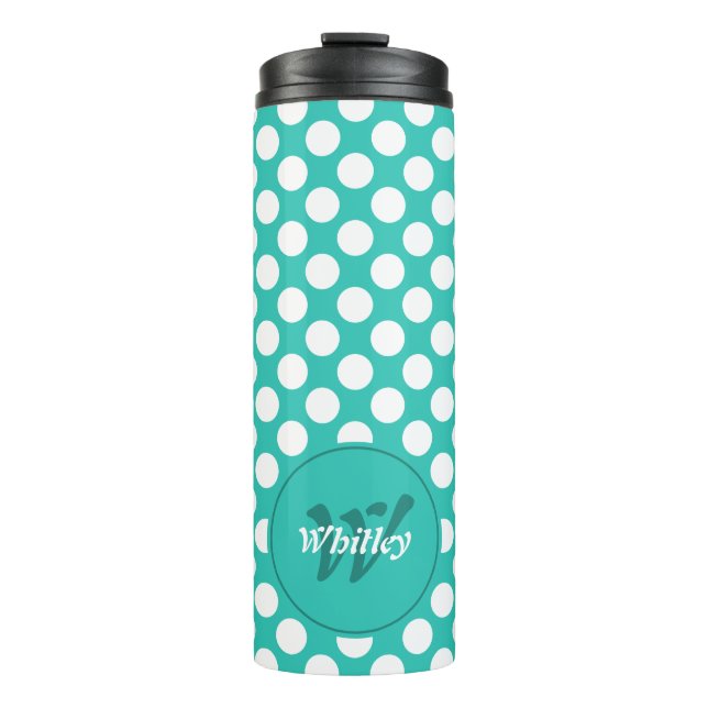 Bouteilles Isothermes Nom moderne initial turquoise points blancs (Devant)