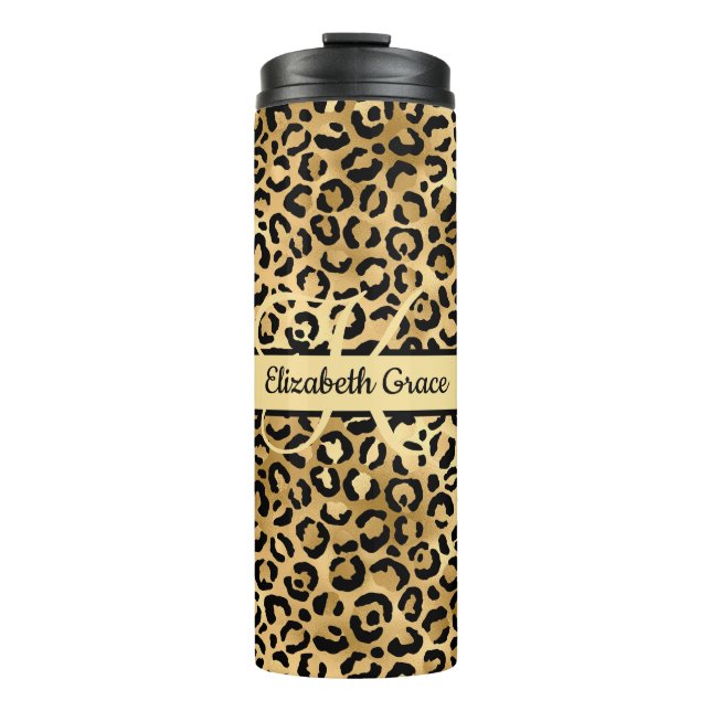 Bouteilles Isothermes Nom Monogramme Imprimé Léopard Noir Or Cheetah (Devant)