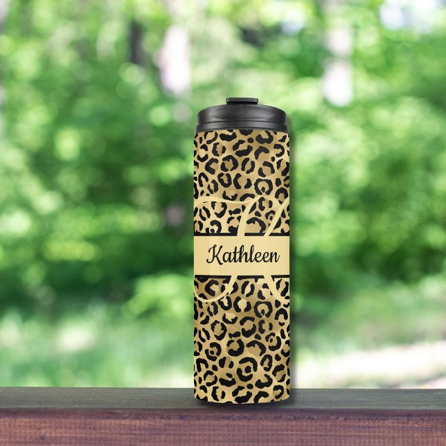 Bouteilles Isothermes Nom Monogramme Imprimé Léopard Noir Or Guépard (Black Gold Leopard print Cheetah print animal print monogrammed tumbler)