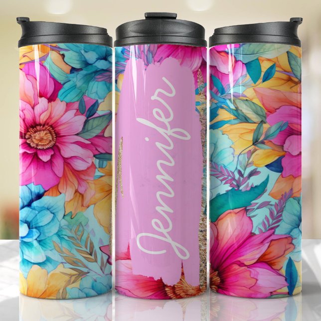 Bouteilles Isothermes Nom personnalisé Bright rose Floral cadeau unique (Floral Tumbler )