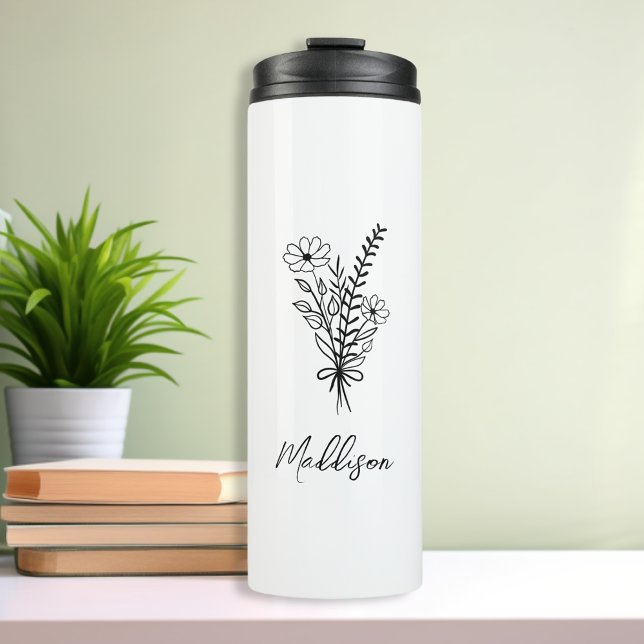 Bouteilles Isothermes Nom personnalisé, Élégant groupe de fleurs typogra (Custom name, Elegant typography flower bunch Thermal Tumbler Travel mug in minimalist style for her)