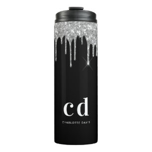 Bouteilles Isothermes Paillettes d'argent noir gouttes monogramme scinti