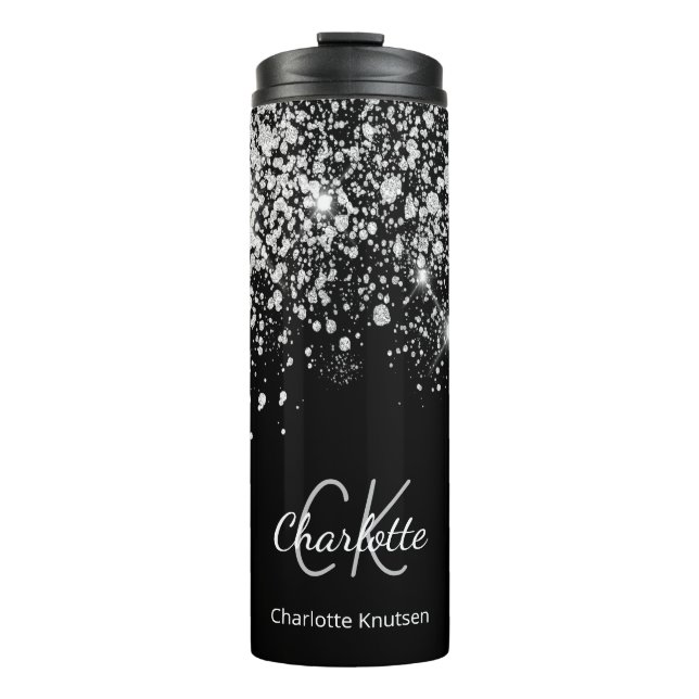 Bouteilles Isothermes Paillettes d'argent noir monogramme scintillant (Devant)