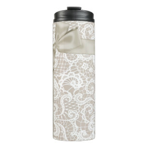 BOUTEILLES ISOTHERMES PALE TAUPE AVEC LA LACE BLANCHE BOIS RIBBON