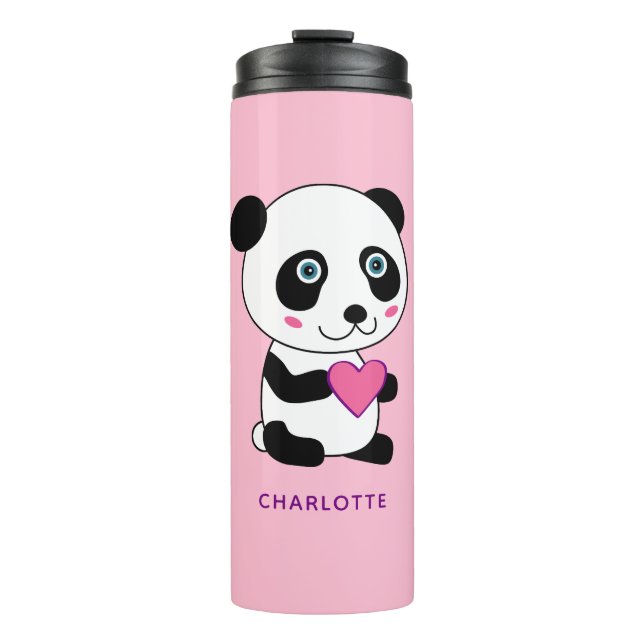 Bouteilles Isothermes Panda mignonne avec un coeur rose Nom personnalisé (Devant)