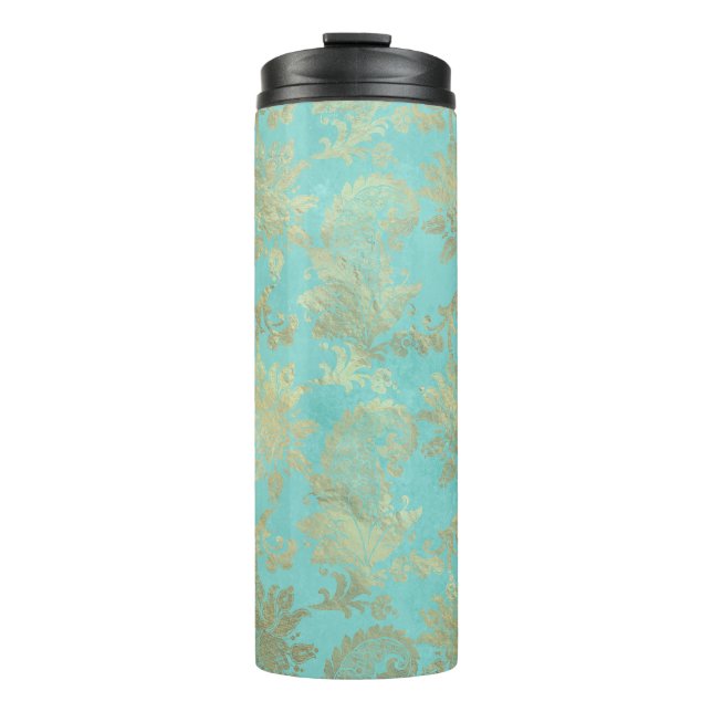Bouteilles Isothermes Paon damassé turquoise et or (Devant)