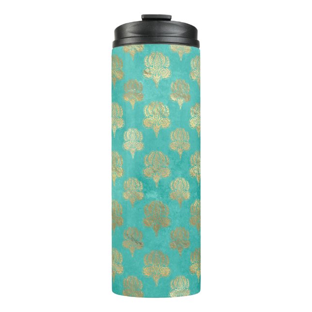 Bouteilles Isothermes Paon Grunge Damassé Turquoise et Or (Devant)