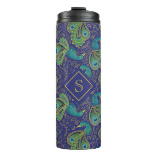 Bouteilles Isothermes Papier Peacock Royal Bleu Monogramme