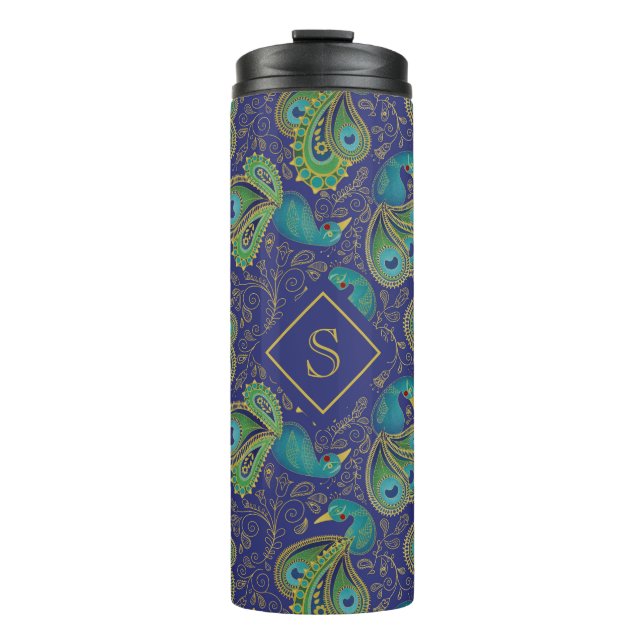 Bouteilles Isothermes Papier Peacock Royal Bleu Monogramme (Devant)