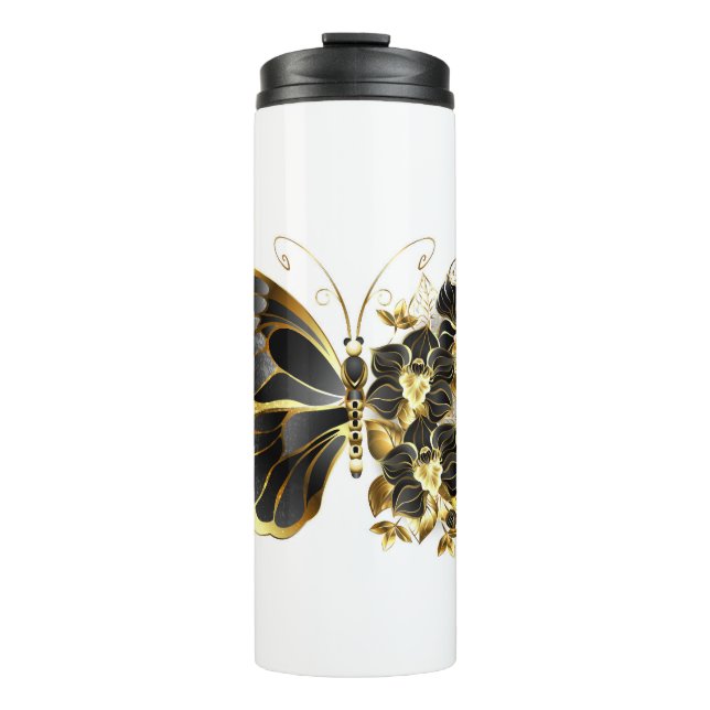 Bouteilles Isothermes Papillon fleur d'or avec orchidée noire (Devant)
