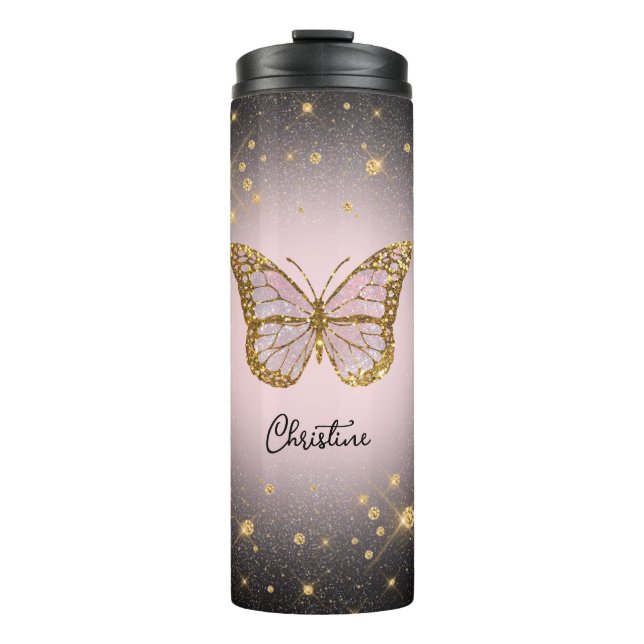 Bouteilles Isothermes papillon rose sur fond noir (Devant)