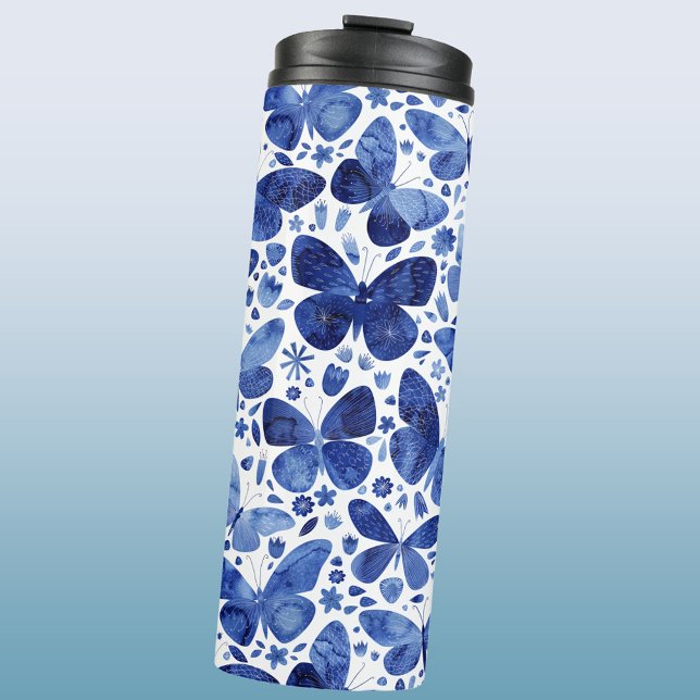 Bouteilles Isothermes Papillons Aquarelle Bleue (Blue watercolor butterfly pattern thermal tumbler water bottle)