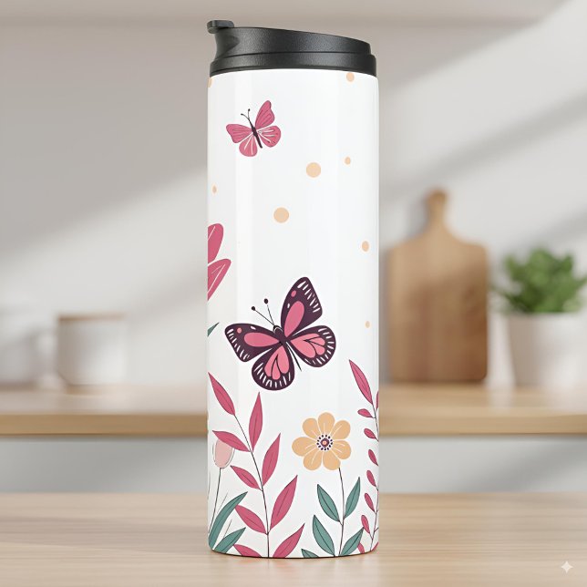 Bouteilles Isothermes Papillons aux tulipes roses et marguerites jaunes (Créateur téléchargé)