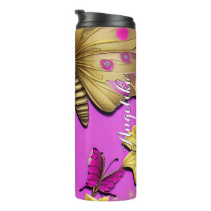 Bouteilles Isothermes Papillons dorés rose chaud Nom personnalisé