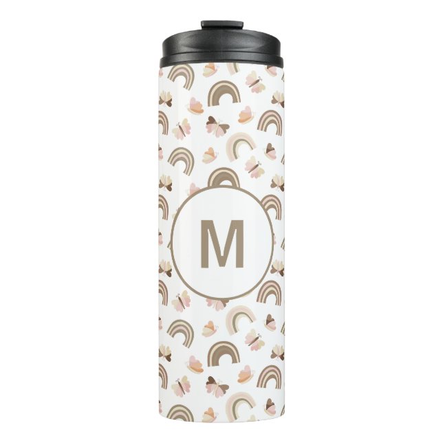 Bouteilles Isothermes Papillons Rose Blanc Moderne Arc-en-ciel Monogramm (Devant)