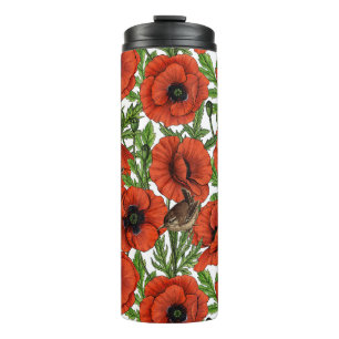 Bouteilles Isothermes Pavot rouge et brindilles, feuilles verts sur blan