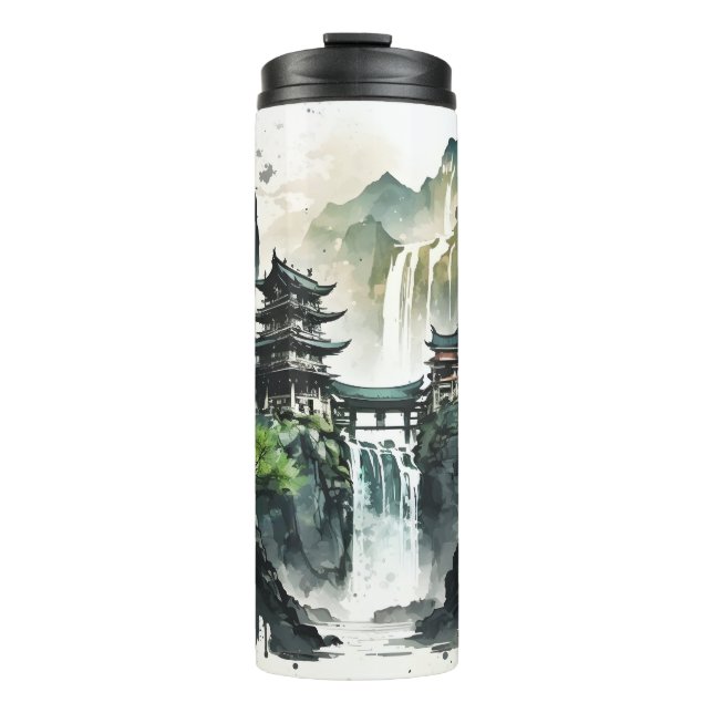 Bouteilles Isothermes Paysage antique de l'encre chinoise avec cascade (Devant)