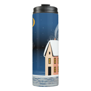 Bouteilles Isothermes Paysage nocturne d'hiver. Maison cosy, divers arbr